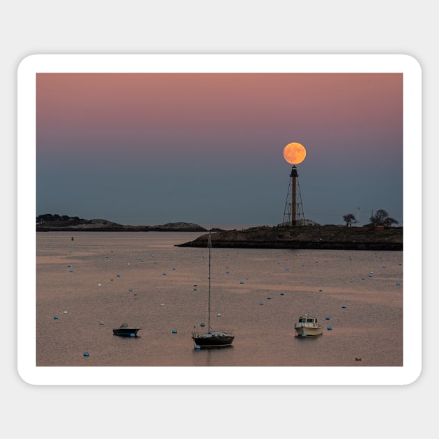 Supermoon balancing on the Marblehead Light Tower in Marblehead MA Sticker by WayneOxfordPh